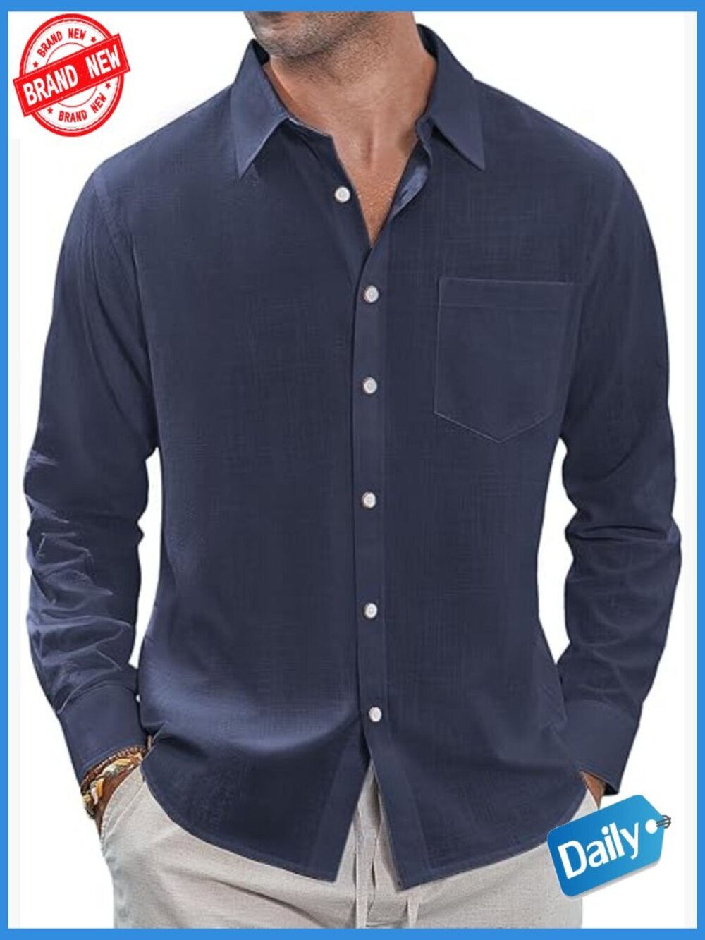 Men's Linen Button Down Long Sleeve Shirt Casual Spread Collar with Pocket